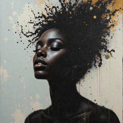 The primary subject of the image is a woman with a black afro hairstyle. She is looking down, possibly closing her eyes. The setting is a black and white background, which adds a sense of drama and artistic expression to the scene. The visual style is a combination of a painting and a drawing, creating a unique and captivating artwork. The colors and mood of the image are predominantly black and white, giving it a classic and timeless feel.